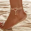 Suministro Directo de Fábrica Europeo y Americano Más Vendido Personalizado de Moda Tobillera Brillante con Colgante de Corazón Doble Capa con Pedrería Accesorio Brillante para el Pie de Playa