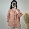 Nueva camisa casual versátil de corte holgado para mujer, con bordados de verano, transpirable, de algodón y lino, manga larga
