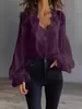 Ropa europea y americana para mujer de venta transfronteriza, blusa de gasa con encaje en V, mangas largas abullonadas plisadas y volantes, corte holgado para mujer