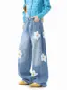 Toalla Divertida Estilo Americano Flores Bordadas Cimitarras Jeans Hombres Mujeres Otoño Moda Tendencia Sentido de Diseño Pantalones de Pierna Recta Pantalones Casuales Sueltos