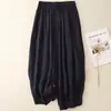 Pantalones anchos de algodón y lino de color liso estilo vintage para mujer, nueva colección de otoño, corte holgado, adelgazantes, casuales, de doble capa, pantalones cortos