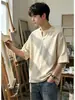 Camiseta de lino sintético de manga corta para hombre, estilo vintage old money transfronterizo, para verano, cuello en V, transpirable, fresca, corte holgado