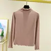 Camiseta de algodón de estilo nuevo de verano para mujer, cuello alto, manga larga, versión coreana, color liso, delgada, holgada, adelgazante, talla grande, camiseta básica