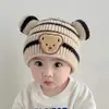 Ins Otoño e Invierno Estilo Coreano Sombreros Tejidos para Niños y Niñas Sombrero de Lana con Cabeza de Oso a Rayas para Bebé Sombrero Cálido Tipo Melón con Borde Enrollado