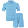 Conjunto de Duas Peças Europeu e Americano Transfronteiriço Amazon Verão Gola Lapela Manga Curta Shorts Terno Esportivo Casual Jacquard de Toalha para Homens