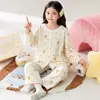 Pijama de Algodón Nube para Niñas Otoño Invierno Dulce Encaje Niños Medianos y Grandes Cárdigan Manga Larga Conjunto de Ropa de Casa para Niños