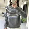 Suéter de lã com gola redonda e corte solto para outono e inverno, color blocking vintage, malha macia e aconchegante, top casual pullover jacquard Fair Isle de Natal