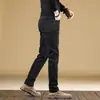 Jeans Masculino Slim Fit de Perna Reta Espesso Estilo Europeu Leve para Negócios com Forro de Lã, Calça Longa Quente e Elástica