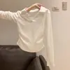 Top base de cuello polo azul marino para mujer, de manga larga, nuevo estilo otoño/invierno, con diseño de hombro ajustado, detalles plisados y efecto entallado en la cintura