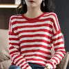 Suéter de algodón para mujer para primavera y otoño transfronterizo, tejido de punto a rayas estilo coreano, corte holgado, fino, top versátil para usar sobre otras prendas