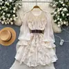 Vestido de Chifón de Alta Gama con Volantes Estilo Francés para Mujer, Versión Coreana de Primavera, de Manga Larga, Ceñido a la Cintura, con Cinturón, Vestido Versátil para el Trabajo