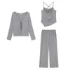 Conjunto de cardigã de renda estilo suave com cadarço, camisola e calça casual para mulheres plus size, conjunto de três peças casual e elegante 65613