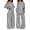 Conjunto de Pantalones Anchos con Cuello Diagonal Transfronterizo Europeo y Americano 2026 Primavera/Verano para Mujer Casual Color Sólido Deportivo Conjunto de Dos Piezas Holgado de Pantalones Largos