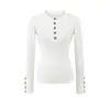 Camiseta de Manga Longa com Gola Henry Abotoada 2025 Outono Nova Moda Versátil Slim Cor Lisa Top Base para Mulheres