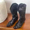 Botas Largas para Mujer con Punta Fina, Tacón Grueso, Remaches Negros, Estilo Nuevo Retro Botas de Caballero Vaquero, Botas Largas Western Ajustadas y Versátiles