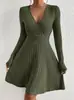 Vestido Casual Fashion Feminino Amazon Comércio Exterior Europeu e Americano Costela Manga Longa Decote V Cintura Marcada