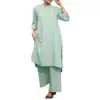Comércio Exterior Transfronteiriço Aliexpress Primavera/Verão 2026 Moda Esportiva Feminina Plus Size Algodão Linho Decote V Manga 3/4 Calça Wide Leg Conjunto de 2 Peças