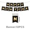 Faixa Feliz Ano Novo preta e dourada, Faixa decorativa para festa de Ano Novo, Arranjo de fundo para festa de Réveillon, Bandeira de cauda de andorinha