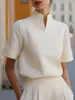 2026 Moda Feminina Europeia e Americana Transfronteiriça Amazon Site Independente Elegante Gola Alta Cor Sólida Camisa Top Camiseta