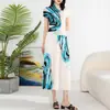 [Liquidação] conjunto moda feminina estampado manga curta comprimento médio saia plissada slim duas peças saia longa plissada