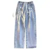 Venta al por mayor transfronteriza estilo Hong Kong marca de moda jeans con estampado de estrellas, primavera/verano finos versátiles holgados rectos casuales pantalones de algodón