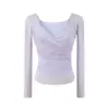 Camiseta Rosa Sexy de Manga Longa com Decote em V Cruzado para Mulheres, Coleção Início da Primavera, Pura Desejo, Slim Fit, Camada Interna, Top Curto Básico