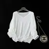 ¡Mismo estilo que la boutique! Blusa tipo camiseta de manga larga con cuello en V, rayas marineras vintage relajadas/color liso para mujer, nueva para otoño 2026, H083004