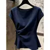 Top Único, Hermoso y Súper Elegante para Mujer Verano 2026 Nuevo Retro Francés Azul Marino con Lazo Lateral Ceñidor de Cintura