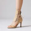 Sandalias de Tacón Alto Nuevas para Mujer de Primavera y Verano, Dulces Suelas de Goma, Zapatos Negros de Talla Grande para Mujer, Tacones Altos Romanos de Boca de Pez con Cordones