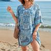 Vestido playero de vacaciones en la costa con estampado de posicionamiento europeo y americano para mujer, cuello redondo, manga corta, azul y blanco, porcelana, azul neblina, suéter exterior tipo chal