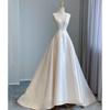 Vestido de Novia Ligero de Satén con Cuello en V Espalda Descubierta Novia Lazo Salida Gasa Cola Estilo Princesa Francesa Vestido de Bienvenida para Socialité