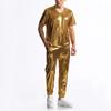 Conjunto Masculino Brilhante Dourado Metalizado Disco Camiseta Juvenil de Manga Curta e Calça Longa Atacado Roupas Masculinas