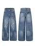 Jeans Rotos Vintage Lavados Retro Americanos con Estrellas de Pedrería, Pantalones Rectos de Pierna Ancha Sueltos de Verano Unisex Tendencia