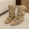 Botas frescas de media pantorrilla de dos usos, con elevación interior, desmontables para mujer, para uso en exteriores, estilo ballet, puntera redonda, correa con hebilla, botas holgadas, zapatos de una sola pieza huecos