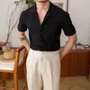 Camisa de manga corta con cuello cubano y waffles de seda helada para hombre, estilo yuppie británico, camisa de verano de media manga para hombre, estilo informal de negocios fino