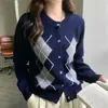 Cardigã de malha 100% lã feminina com padrão losango, cores contrastantes, estilo solto e casual, jaqueta suéter de gola redonda, novo modelo outono e inverno