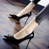 Hebilla Cuadrada de Metal Europea y Americana Punta Fina Charol Borgoña Zapatos de Dama de Honor Planos para Mujer 2025 Primavera Nuevos Tacones de Aguja Altos de Moda