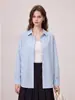 Camisa feminina listrada azul e branca estilo francês, adequada para primavera e outono, camisa casual solta com proteção solar para o dia a dia