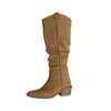 Botas Largas Miting Estilo Vintage con Pliegues, Punta Puntiaguda y Tacón Grueso, Botas Vaqueras Western Versátiles y Únicas para Mujer