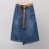 Talla grande verano irregular A- línea falda adelgazante moda cintura elástica falda de mezclilla combinable falda midi moderna para mujer