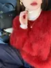 Suéter de pele de mink de alta qualidade estilo coreano na cor café para mulheres, outono e inverno, com um visual descontraído e estiloso, macio e confortável, e com decote redondo