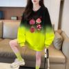 Sudadera de Contraste de Color Super Caliente con Gradiente y Cuello Redondo para Mujer 2025, Estilo Dulce y Fresco, Graffiti Divertido, Rejuvenecedora, Holgada Elegante, Top con Efecto Adelgazante