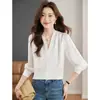 Stock transfronterizo toma real Otoño 2026 Nuevo Estilo Coreano Versátil Cuello en V Manga Larga Satín Camisa Top para Mujer