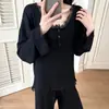 Pijama de Manga Larga para Mujer, Nuevo Estilo Primavera y Otoño 2026, Modal de Verano, Encaje Dulce, Conjunto de Dos Piezas Negro Holgado