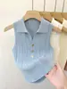 Colete Feminino Sem Mangas, Novo Estilo de Verão, Gola Lapela, Corte Justo, Top de Tricô Liso com Decote V, Adequado para Usar em Camadas ou Sozinho, Top Suéter de Tricô para Mulheres
