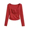 Camisa Base Manga Longa Gola Quadrada Franzida Afinadora da Cintura Estilo Garota Sexy Desejo Puro 25 Outono Nova Retro Slim Fit Top Curto Gola Quadrada
