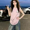 Camiseta Chaleco Sin Mangas de Verano Simple con Estampado de Gato y Letras para Mujer, Top Rosa Versátil Casual Puro Algodón para Pareja