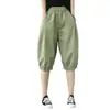 Pantalones Cortos de Algodón de Verano Finos Casuales Sueltos Tallas Grandes para Mujer Cintura Alta Pantalones de Cinco Puntos Pierna Ancha Cintura Elástica Pantalones Harem de Longitud Media