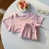 Conjunto de Ropa de Casa Lyocell para Niños Manga Corta Pantalón Largo Estilo Delgado de Verano Pijama para Niños y Niñas Color Sólido Q-Elástico Ropa para Aire Acondicionado