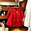 Vestido de malla roja multicapa con retazos para niñas, adecuado para fiestas de cumpleaños, celebraciones del primer cumpleaños y como un vestido festivo estilo princesa